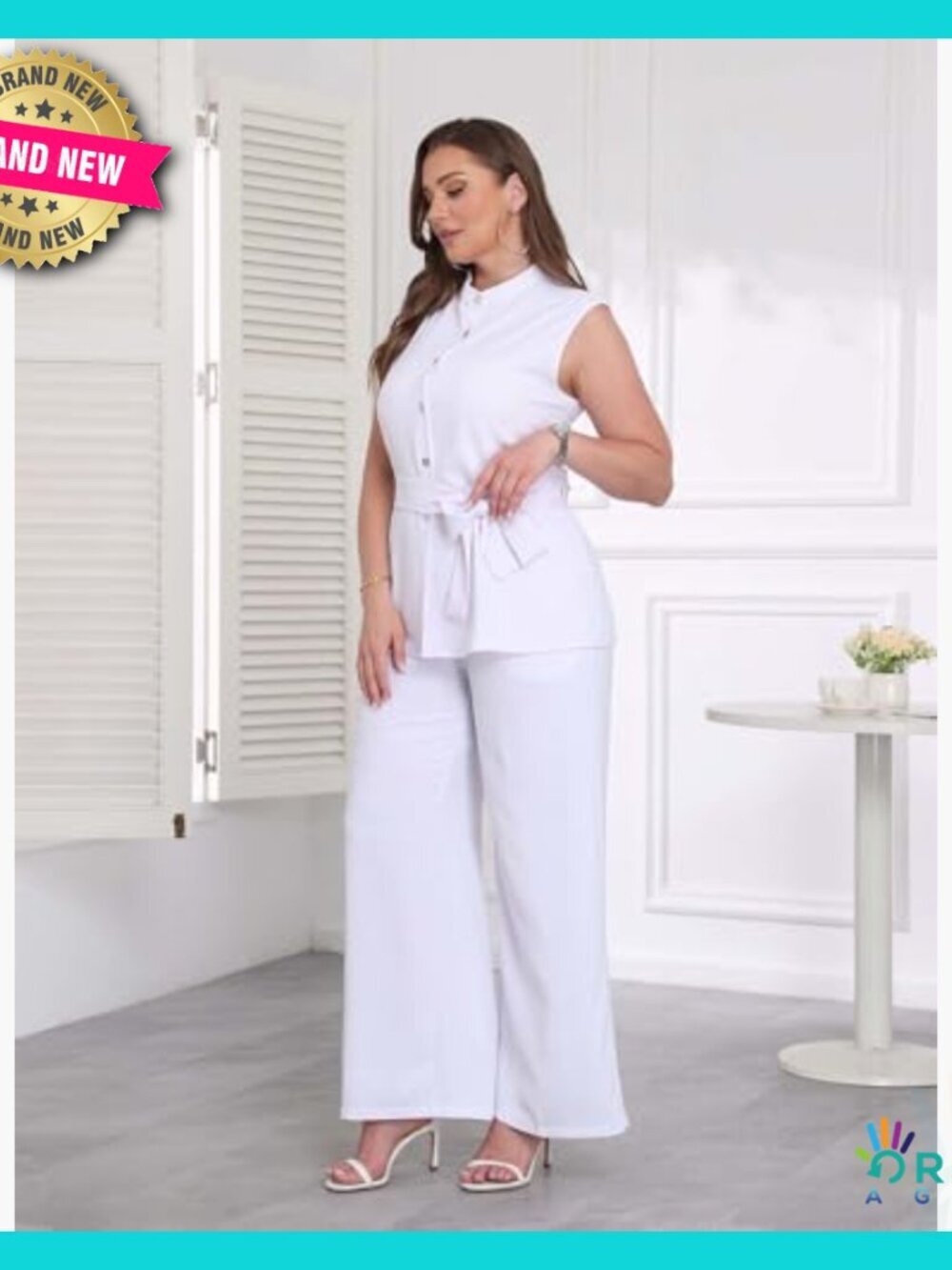 Women's Two Piece Pant Suit Set Sleeveless Belted Button Down Shirt Flare Leg - Picture 4 of 7